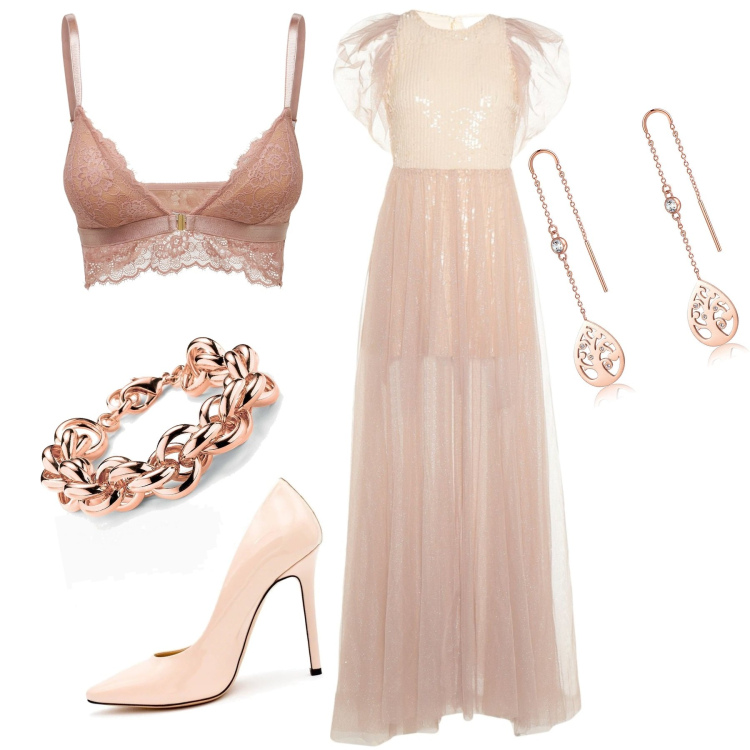 Outfit donna - Sposa d\'estate. Stile Chic per Cerimonia. Abbinamento con vestiti lunghi, braccialetti, orecchini, décolleté, bralette.