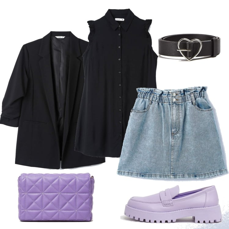 Outfit donna - Terranova denim style. Stile Trendy per Serata fuori. Abbinamento con camicie, minigonne, blazer, cinture, mocassini, borse a spalla.