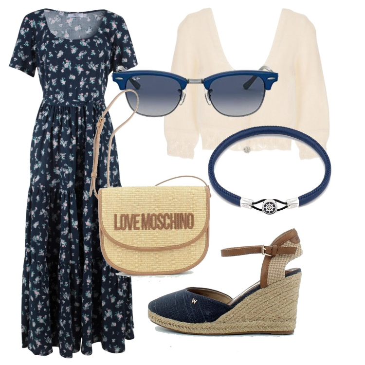 Outfit donna - Il Vestito lungo ai fiori. Stile Casual per Tutti i giorni. Abbinamento con vestiti lunghi, maglieria, braccialetti, borse a tracolla, zeppe, occhiali da sole.
