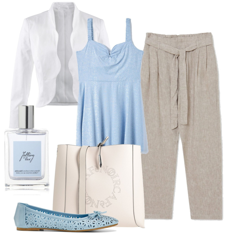 Outfit donna - Romantica con le ballerine azzurre. Stile Romantica per Tutti i giorni. Abbinamento con blazer, ballerine, borse a tracolla, vestiti midi/longuette, pantaloni capri, profumi.