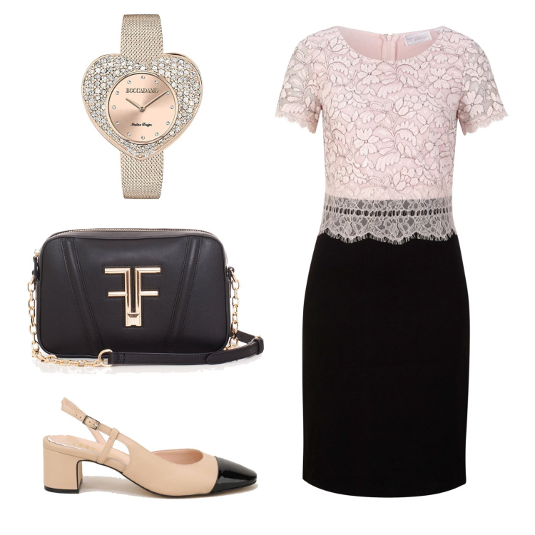 Outfit donna - Curvy rosa cerimonia. Stile Basic per Cerimonia. Abbinamento con vestiti, pochette, orologi, scarpe col tacco.