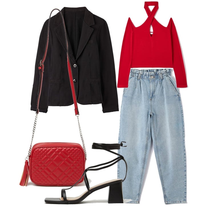Outfit donna - Terranova Denim Style. Stile Casual chic per Serata fuori. Abbinamento con t-shirt, jeans, blazer, borse a tracolla, sandali in pelle.