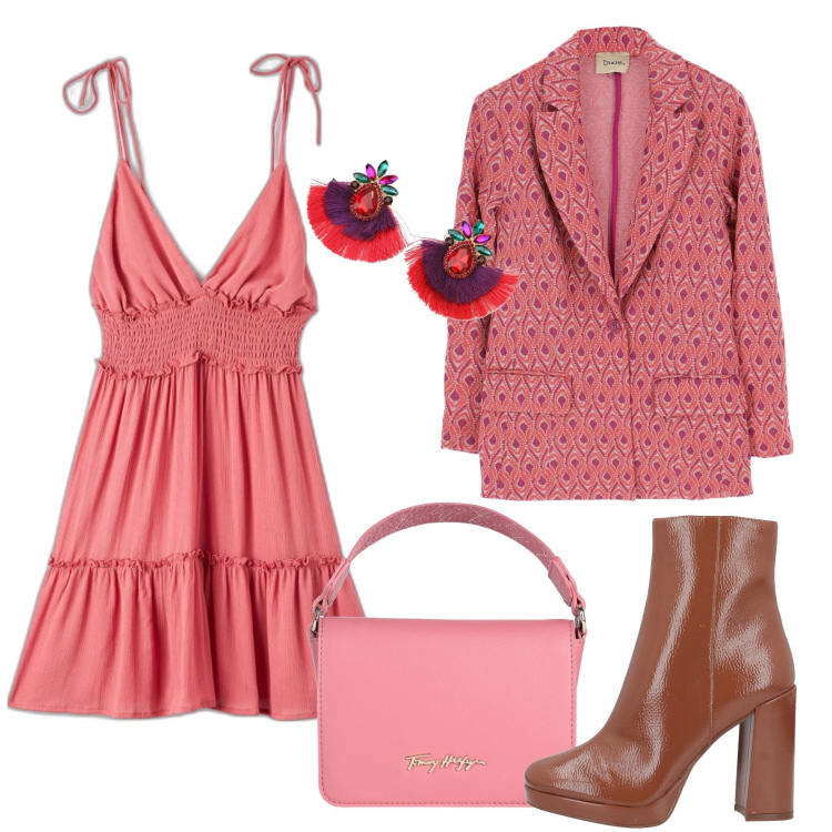 Outfit donna - Nel salmone e corallo. Stile Glamour per Tutti i giorni. Abbinamento con stivaletti, borse a mano, vestiti corti, giacche, orecchini.