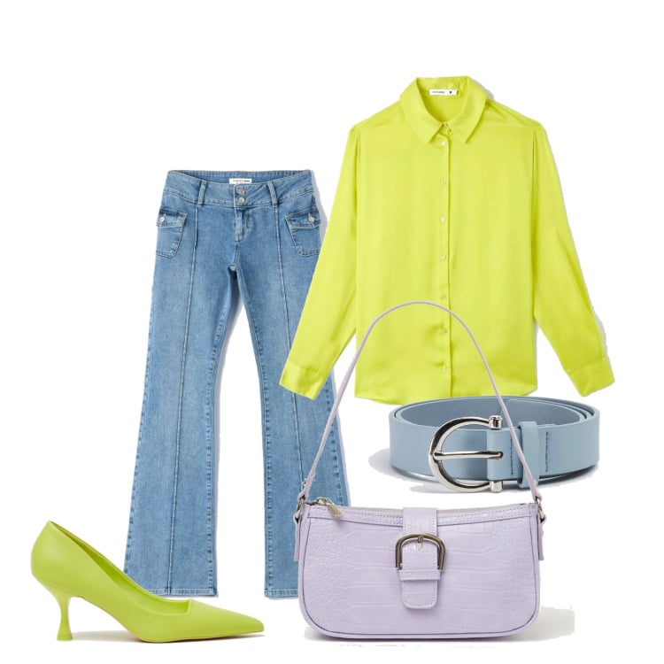 Outfit donna - Ghost outfitter - aprile. Stile Casual per Tutti i giorni. Abbinamento con jeans a zampa, camicie, cinture, décolleté, borse a spalla.