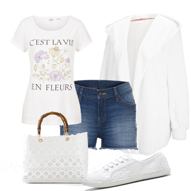 Outfit donna - Merletto e fiori. Stile Romantica per Tutti i giorni. Abbinamento con sneakers, blazer, t-shirt, borse a mano, shorts.