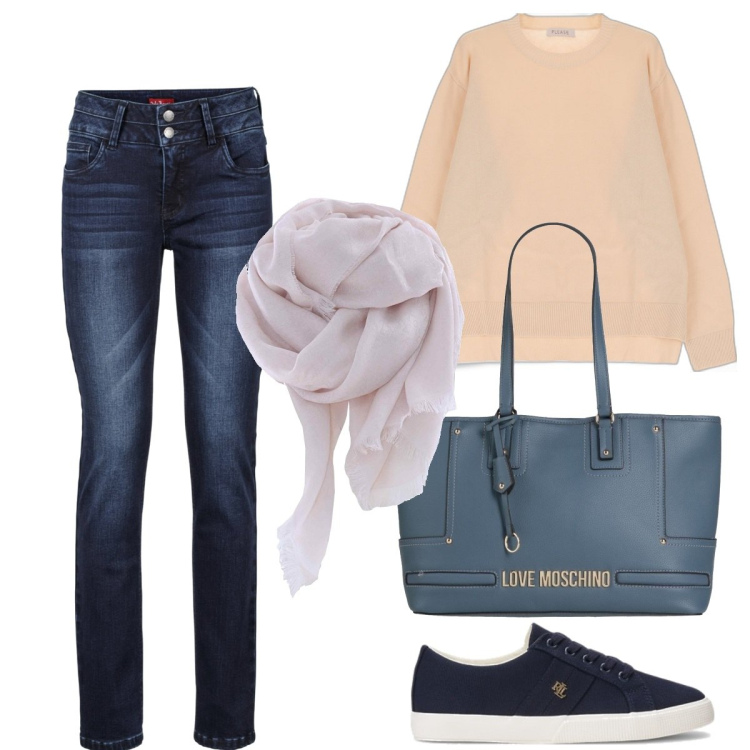 Outfit donna - Super Easy Mood che. Stile Basic per Tutti i giorni. Abbinamento con jeans, borse a spalla, pullovers, foulard, sneakers.