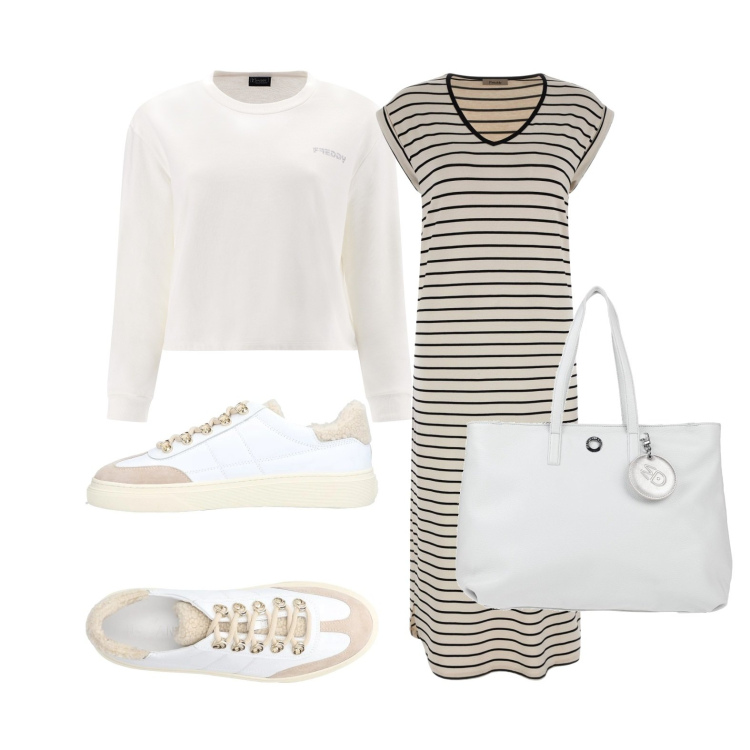 Outfit donna - Freddy- Look sporty-chic in saldo. Stile Sporty chic per Tutti i giorni. Abbinamento con sneakers, borse a mano, vestiti midi/longuette, felpe.