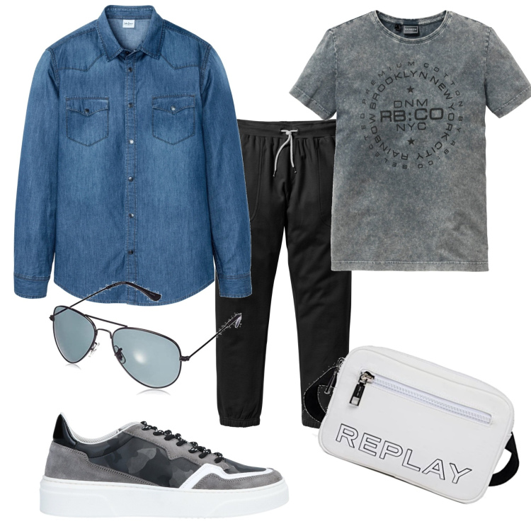 Outfit uomo - Casual. Stile Casual per Tutti i giorni. Abbinamento con pantaloni sportivi, t-shirt, camicie, sneakers, occhiali da sole, borse sportive.
