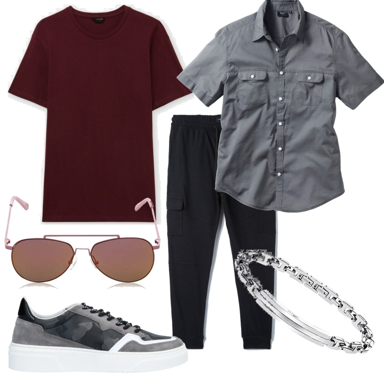Outfit uomo - Bello anche casual. Stile Casual per Tutti i giorni. Abbinamento con camicie a manica corta, sneakers, pantaloni cargo, t-shirt, occhiali da sole, braccialetti.