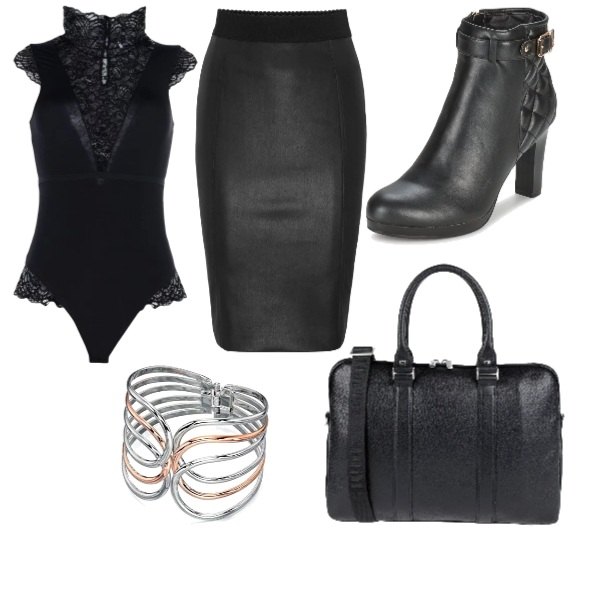 Outfit donna - Dark Office. Stile Rock per Ufficio. Abbinamento con top con pizzo collo alto jersey, borsa da lavoro maxi in pelle martellata con zip interno foderato tinta unita, stivaletti nero, gonna nero, bracciale.