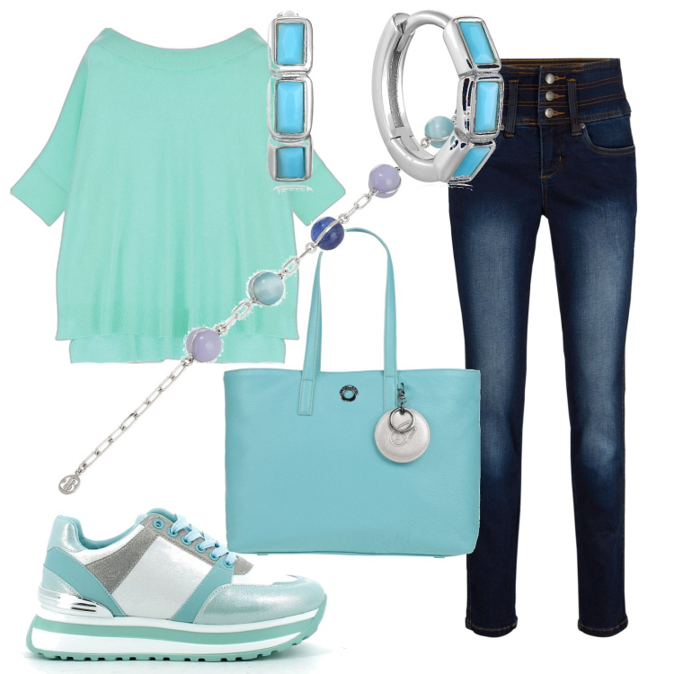 Outfit donna - Super easy mood Curvy. Stile Basic per Tutti i giorni. Abbinamento con borse a mano, jeans, braccialetti, orecchini, sneakers, maglieria.