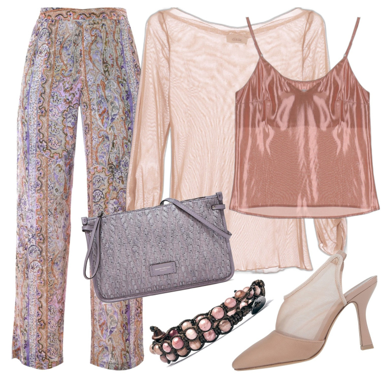 Outfit donna - Trasparenze. Stile Chic per Cerimonia. Abbinamento con décolleté, braccialetti, top, clutch, maglieria, pantaloni.