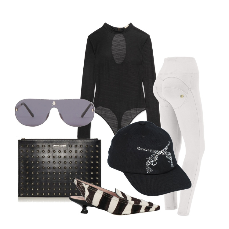 Outfit donna - Freddy- Look sporty-chic in saldo. Stile Sporty chic per Tutti i giorni. Abbinamento con décolleté, body, occhiali da sole, cappelli con visiera, borse a mano, pantaloni skinny.