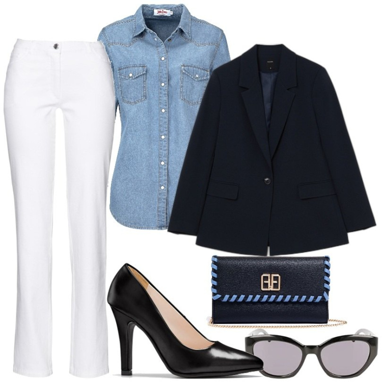 Outfit donna - office. Stile Casual per Ufficio. Abbinamento con camicie, pantaloni, décolleté, pochette, giacche, occhiali da sole.
