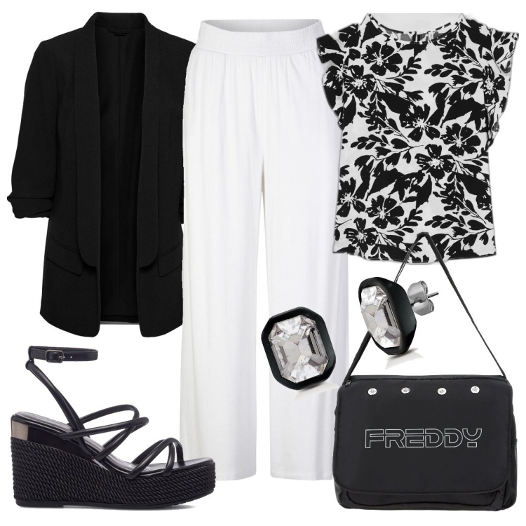 Outfit donna - Bianco e nero primaverile. Stile Casual per Tutti i giorni. Abbinamento con pantaloni, blazer, orecchini, bluse, borse messenger, sandali in pelle.