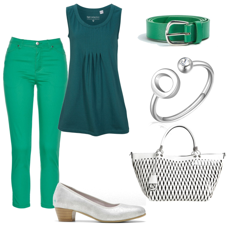 Outfit donna - Green & white. Stile Casual chic per Tutti i giorni. Abbinamento con borse a mano, gonne lunghe, top, pantaloni, cinture, anelli.