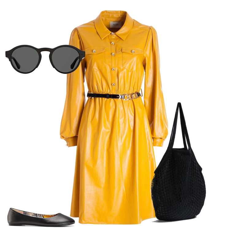 Outfit donna - Un abito da amare. Stile Trendy per Serata fuori. Abbinamento con ballerine, borse a spalla, vestiti chemisier, occhiali da sole.