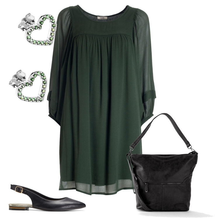 Outfit donna - Cuore verde. Stile Bon Ton per Serata fuori. Abbinamento con borse a tracolla, ballerine, vestiti, orecchini.