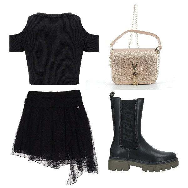 Outfit donna - ClassDismissed. Stile Casual per Serata fuori. Abbinamento con stivaletti, top, borse a tracolla, minigonne.