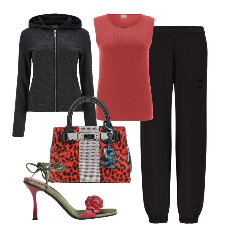 Outfit donna - Coraggioso sporty chic. Stile Sporty chic per Serata fuori. Abbinamento con sandali col tacco, borse a mano, pantaloni, felpe con cappuccio, t-shirt.