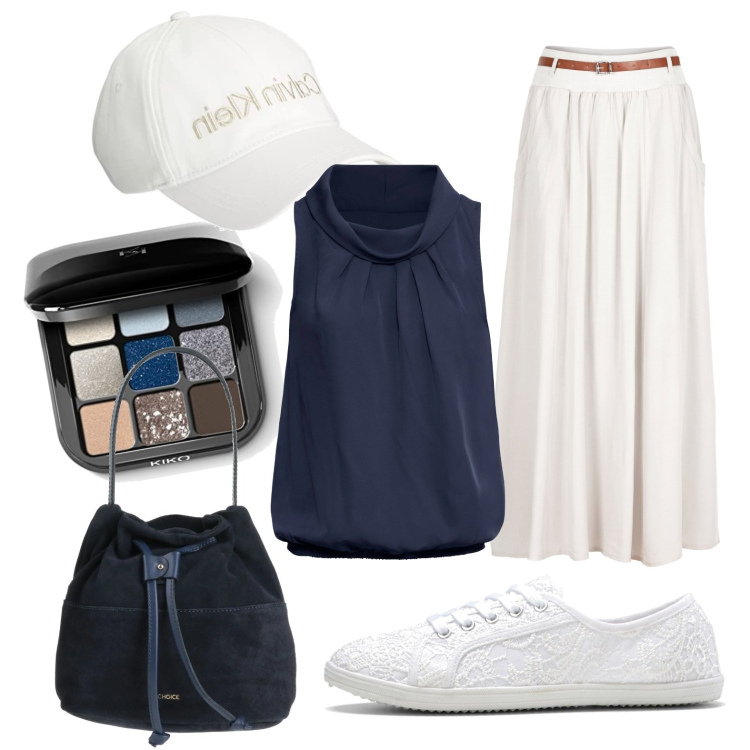 Outfit donna - Total look #1600561. Stile Trendy per Ufficio. Abbinamento con gonne lunghe, sneakers, top, borse a mano, ombretti, cappelli.