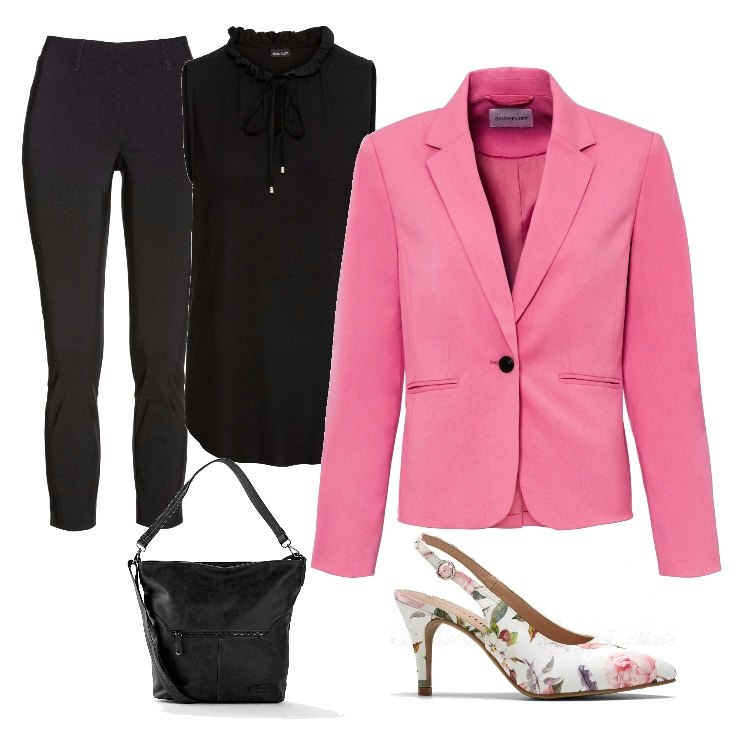 Outfit donna - Un blazer per la primavera. Stile Urban per Tutti i giorni. Abbinamento con top, pantaloni, blazer, décolleté, borse a tracolla.