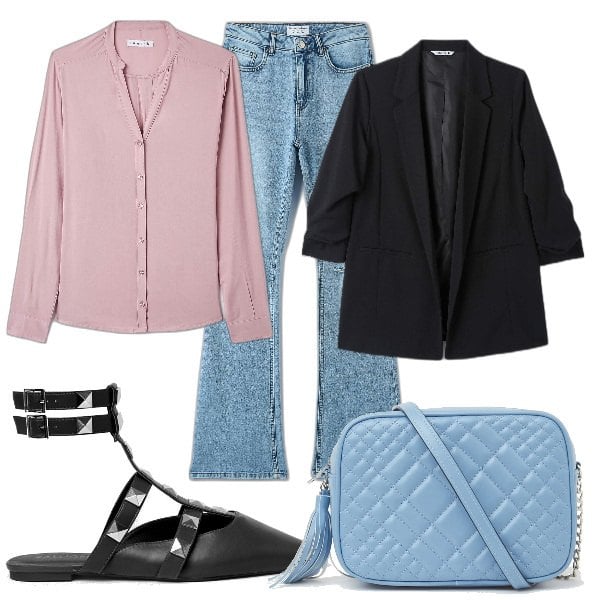 Outfit donna - Total look #1600859. Stile Casual chic per Ufficio. Abbinamento con camicie, blazer, jeans a zampa, borse a tracolla, ballerine.