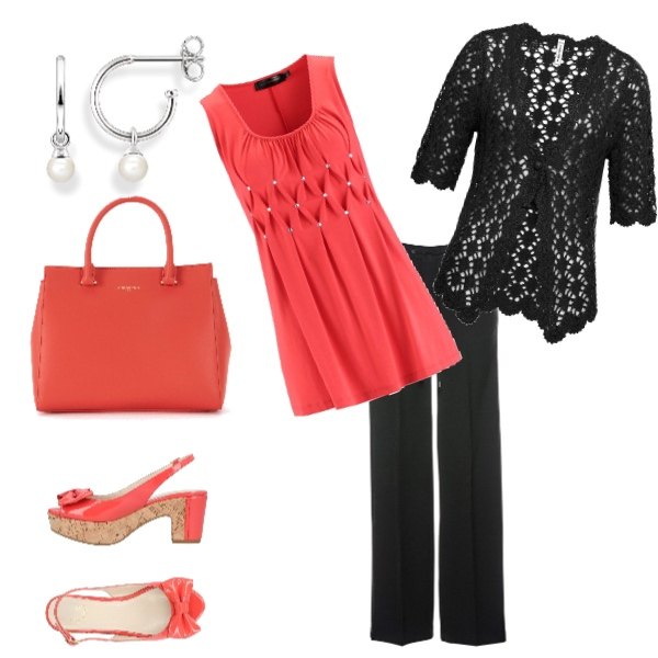 Outfit donna - Ritorno al lavoro. Stile Bon Ton per Ufficio. Abbinamento con sandali con fiocco effetto vernice con tacco squadrato e fibbia interno in pelle con punta tonda tinta unita, vestiti chemisier, giacchina, pantalone a sigaretta nero, borsa a tracolla doppio manico interno foderato con tracolla regolabile, orecchini in argento 925 bianco.