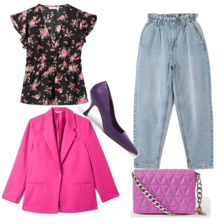 Outfit donna - Total look #1601148. Stile Trendy per Tutti i giorni. Abbinamento con bluse, blazer, jeans, décolleté, borse a spalla.