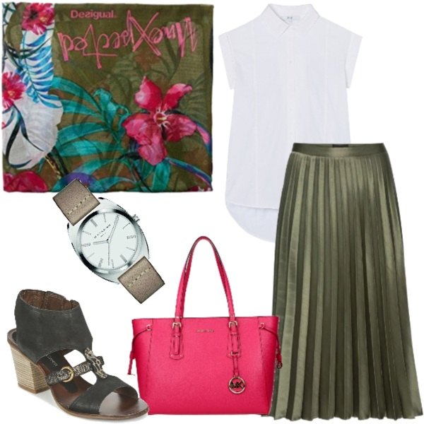 Outfit donna - Gonna plissè. Stile Basic per Ufficio. Abbinamento con gonna effetto satinato con zip verde, borsa a spalla con manico e tasca interna rosa, sandali, sciarpa fantasia verde, camicia colletto classico senza maniche bianco, orologio beige.