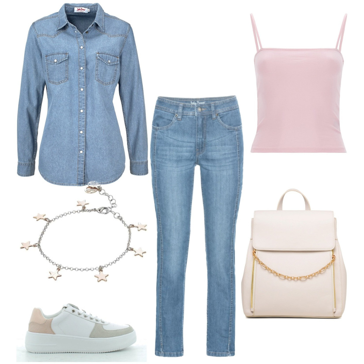 Outfit donna - Camicia di jeans. Stile Basic per Tutti i giorni. Abbinamento con camicie, jeans, braccialetti, canottiere, sneakers, zaini.