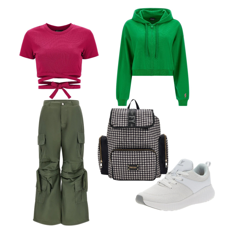 Outfit donna - Total look #1601437. Stile Sporty chic per Tutti i giorni. Abbinamento con pantaloni cargo, sneakers, top, felpe con cappuccio, zaini.