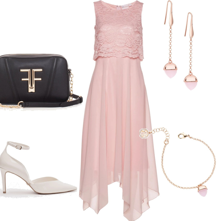 Outfit donna - Total look #1601472. Stile Romantica per Cerimonia. Abbinamento con vestiti midi/longuette, scarpe col tacco, pochette, orecchini, braccialetti.