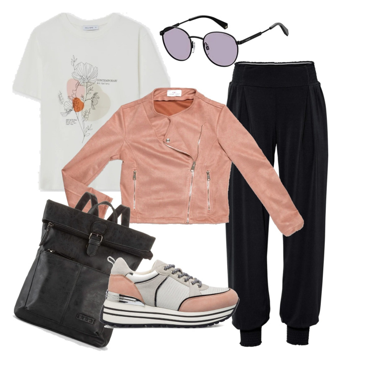 Outfit donna - Libera, finalmente. Stile Basic per Tutti i giorni. Abbinamento con zaini, pantaloni, t-shirt, sneakers, cappotti, occhiali da sole.
