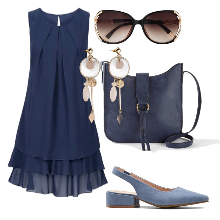 Outfit femme - Chic #6214. Style Chic pour Soirée dehors. Assortir avec robes, chaussures à talon, lunettes de soleil, boucles d'oreilles, sacs en bandoulière.