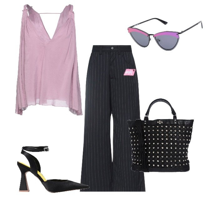 Outfit donna - Con stile. Stile Casual chic per Tutti i giorni. Abbinamento con top, pantaloni, borse a mano, décolleté, occhiali da sole.