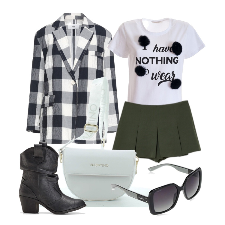 Outfit donna - Ghost outfitter - aprile. Stile Trendy per Tutti i giorni. Abbinamento con stivaletti texani, blazer, t-shirt, minigonne, borse a tracolla, occhiali da sole.