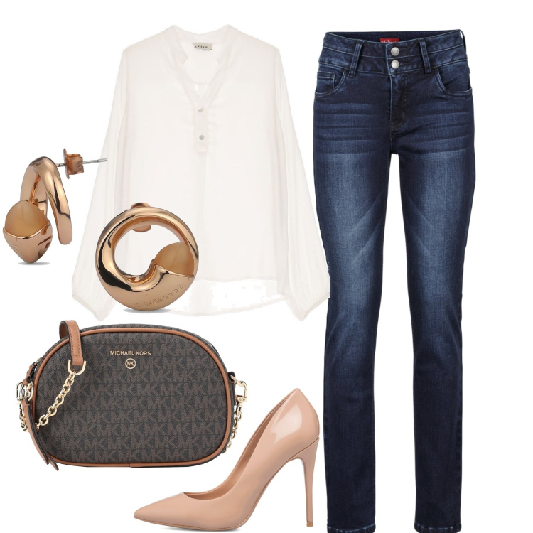 Outfit donna - In città. Stile Casual chic per Tutti i giorni. Abbinamento con jeans, borse a tracolla, orecchini, décolleté, camicie.