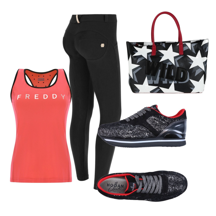 Outfit donna - Workout con stile. Stile Sporty chic per Sport. Abbinamento con sneakers, borse a mano, pantaloni skinny, canottiere.