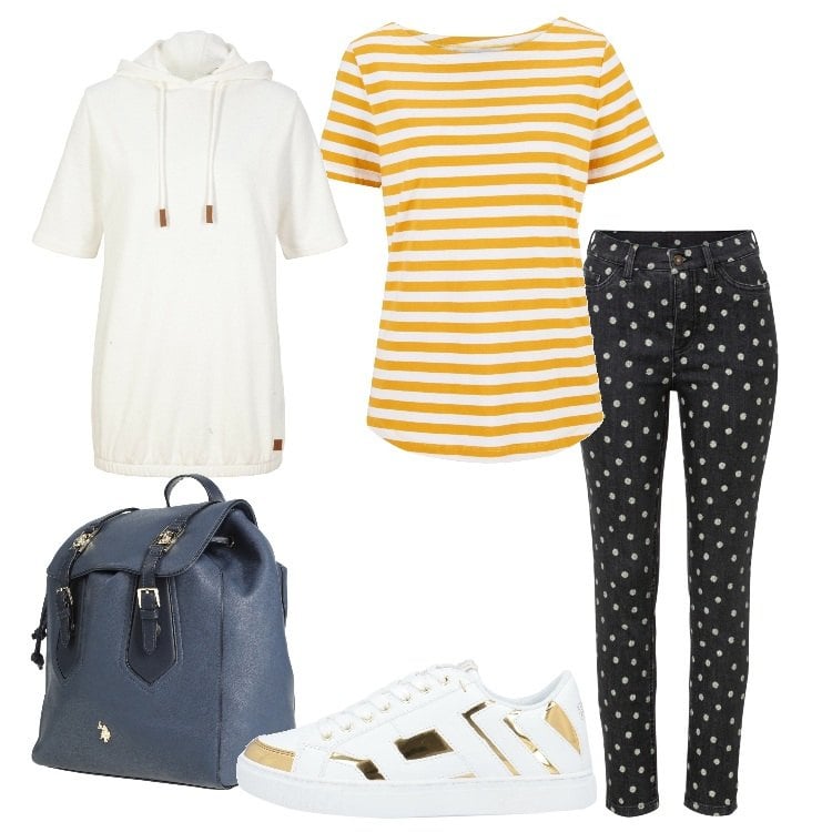 Outfit donna - Jeans skinny con margherite. Stile Basic per Tutti i giorni. Abbinamento con sneakers, zaini, felpe con cappuccio, jeans skinny, gonna contrasto con frange beige.