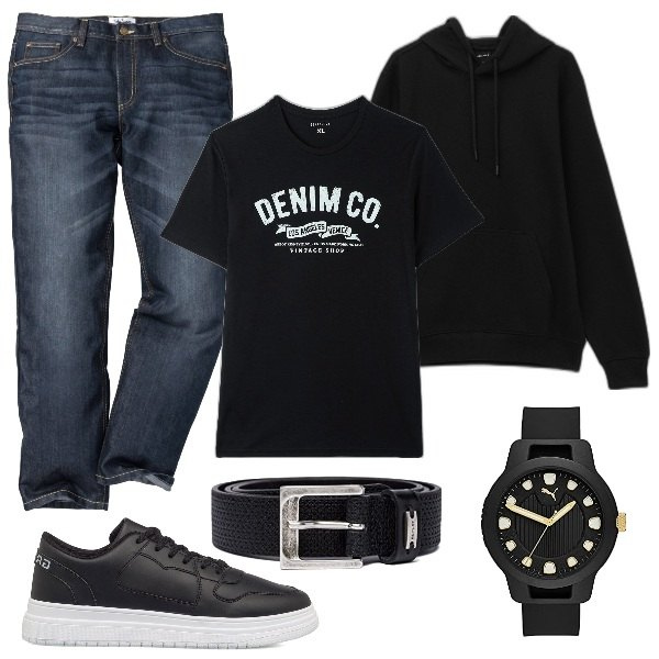 Outfit uomo - Basic & Low Cost. Stile Casual per Tutti i giorni. Abbinamento con jeans dritti, t-shirt, felpe con cappuccio, sneakers, orologi, cinture.