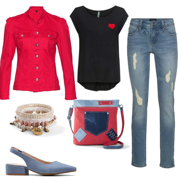 Outfit donna - BonPrix - Spring Edition. Stile Casual per Tutti i giorni. Abbinamento con maglieria, décolleté, braccialetti, blazer, jeans strappati, borse a tracolla.
