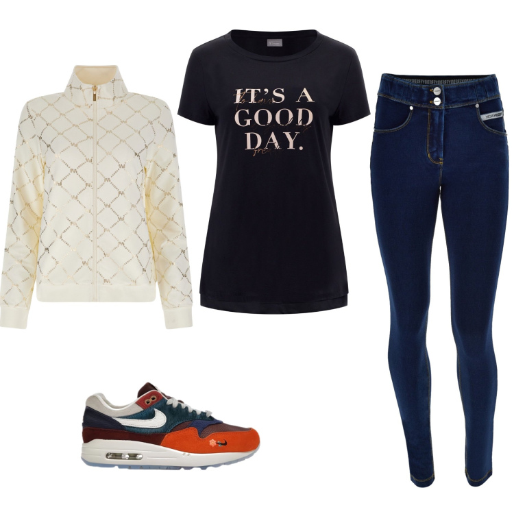 Outfit donna - Una giornata all’aria aperta. Stile Sporty chic per Tutti i giorni. Abbinamento con sneakers, jeans slim fit, felpe, t-shirt.
