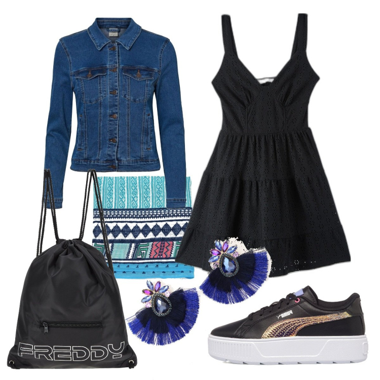 Outfit donna - Un tocco oro. Stile Casual per Tutti i giorni. Abbinamento con vestiti, sciarpe, zaini, giacche, sneakers, orecchini.