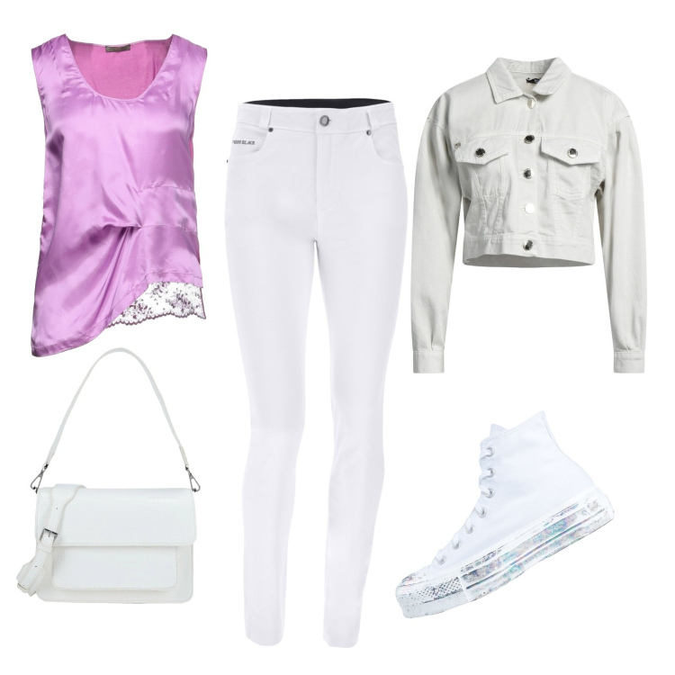 Outfit donna - Lillà (veg ok). Stile Casual chic per Tutti i giorni. Abbinamento con sneakers, borse a mano, top, giacche, jeans.