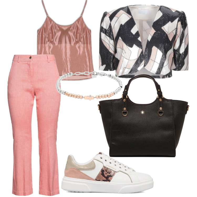 Outfit donna - Comoda e chic. Stile Casual chic per Tutti i giorni. Abbinamento con blazer, jeans dritti, braccialetti, top, sneakers, borse a mano.
