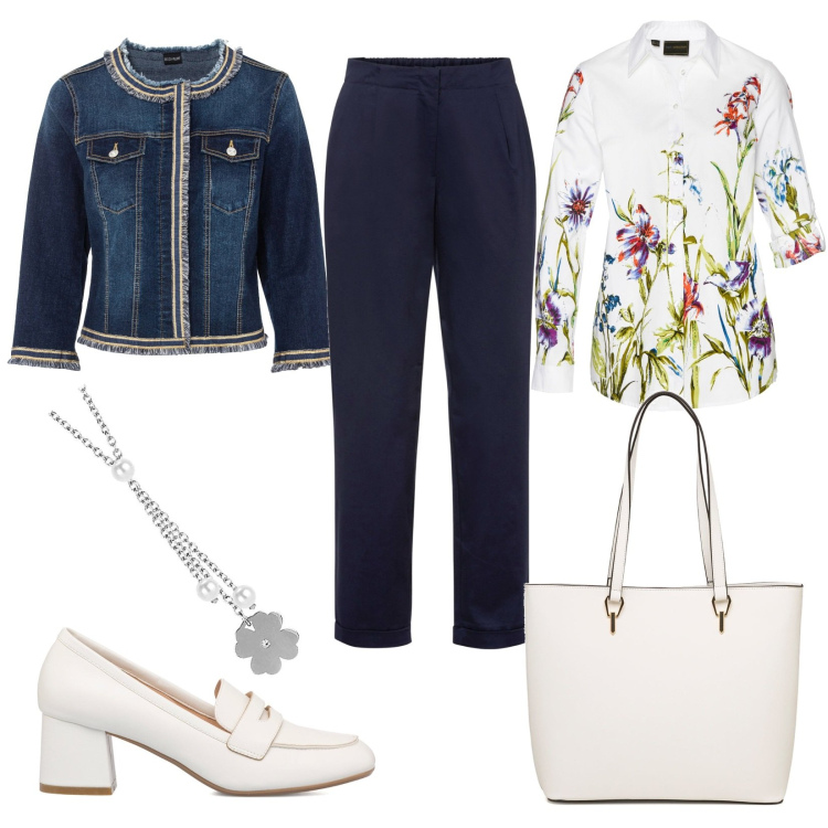 Outfit donna - Comodamente bellissima. Stile Casual chic per Ufficio. Abbinamento con blazer, camicie, pantaloni, ciondoli, mocassini, borse a spalla.