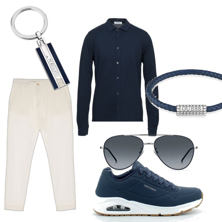 Outfit uomo - Blunavy. Stile Urban per Ufficio. Abbinamento con portachiavi, braccialetti, sneakers, pantaloni, camicie, occhiali da sole.