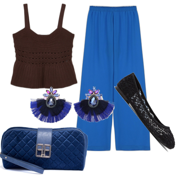 Outfit donna - Serata tricot. Stile Chic per Serata fuori. Abbinamento con ballerine, pochette, pantaloni a palazzo, top, orecchini.
