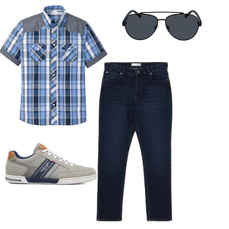 Outfit uomo - Aprile23. Stile Casual per Tutti i giorni. Abbinamento con camicie a manica corta, jeans, sneakers, occhiali da sole.